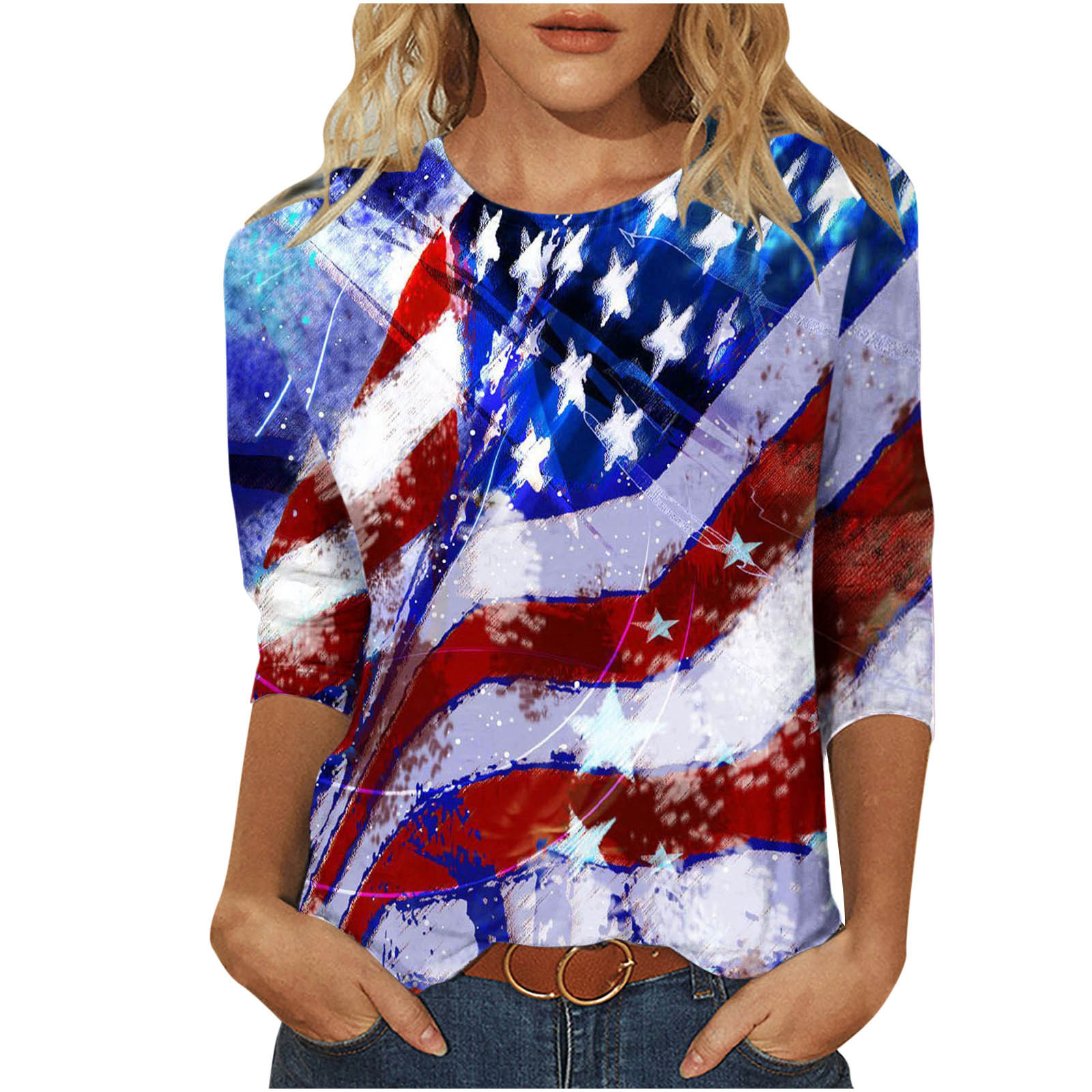 Fanxing Independence Day Tshirts for Women 3/4 Sleeve Bleached T Shirts Vintage Distressed Tops USA Flag Patriotic American Flag Tops End Of Year Clearance Dark Blue,S